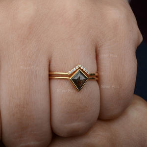 Genuine <b>Salt</b> <b>Pepper</b> Diamond Engagement Chevron Two Ring <b>Set</b> Solid 14K Yellow Gold Minimalist Bridal Wedding Handmade Diamond Jew - Product Image 4