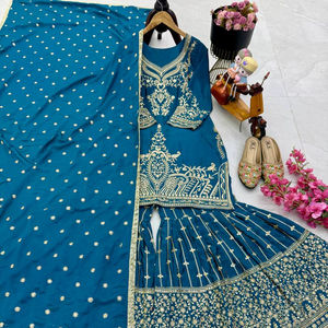 Lentejuelas indias bordadas Sharara Gharara Kurti Set Diseñador paquistaní Ropa étnica moderna 3 piezas Conjunto de tela Georgette cosida - Product Image 1
