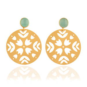 Wholesale collection copper alloy metal round <b>disc</b> with aqua chalcedony stud dangle earrings party wear statement earrings gift - Product Image 1