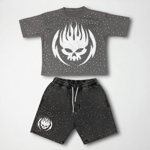 Ensemble T-shirt et short pour homme, style streetwear, imprimé crâne, col rond, vêtements décontractés d'été, tenue en coton tricoté respirant - Product Image 6