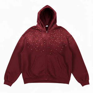 เสื้อฮู้ดดี้ผ้าฝ้ายทรงโอเวอร์ไซส์ สไตล์ Y2K ล้างสีแบบ Acid Wash ประดับคริสตัลหลากสีตามสั่ง เสื้อฮู้ดดี้ทรงบ็อกซี่แบบสวมหัว มีซิป สำหรับผู้ชาย - Product Image 3