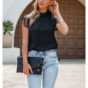 Women'<b>s</b> Short-Sleeved Aerobin <b>Blouse</b> with Lace Sleeve Detail <b>and</b> Ribbon Tie Neckline, 37074 - Black - Product Image 1