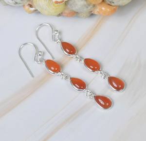 Handmade red carnelian <b>long</b> <b>earrings</b> sterling <b>silver</b> gemstone <b>earrings</b> pear shaped three stone <b>earrings</b> gift for her - Product Image 2