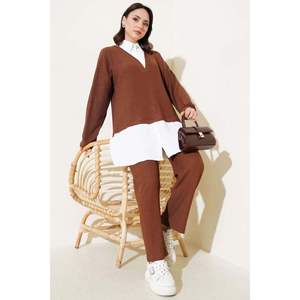 Tunique Chemise en Crêpe Garnie Ensemble 2 Pièces Marron - Product Image 3