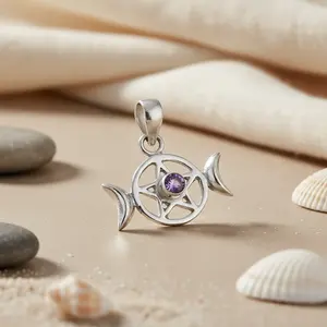 Women's Religious Jewelry 925 Silver Fish Pendant with <b>Amethyst</b> Stone Rhodium Plated Water Drop Pattern Featuring Gold Pearl - Product Image 1