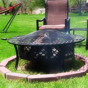 Round iron fire pit with mesh cover and poker <b>tool</b> set for convenient safe outdoor <b>burning</b> and warmth - Product Image 5