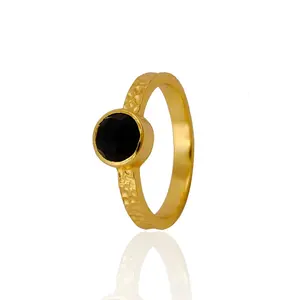 Tiny black onyx gemstone stackable ring handmade gold plated texture stylish ring female fashionable jewelry rings for women's