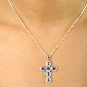 Haute qualité classique Designer véritable saphir bleu et diamant Halo ensemble croix pendentif religieux 14K véritable bijoux en or blanc - Product Image 6