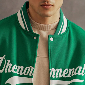 Green <b>Men's</b> Varsity <b>Jacket</b> <b>White</b> Lettering Preppy Style Regular Fit 100% Wool Material Stand Collar Patchwork Reversible - Product Image 3