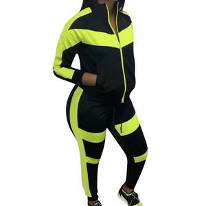 Mujeres deporte Fitness Invierno 2 piezas bloque de Color sólido 100% conjunto de chándal de algodón negro a juego chándal chaqueta Jogger traje - Product Image 1