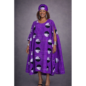 Abito lungo a trapezio con stampa digitale Ankara viola, nero e bianco - Product Image 1
