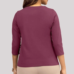 Camiseta de Manga Tres Cuartos con Cuello en V de Punto Transpirable de Verano de Alta Calidad y Corte Regular para Mujer, Personalizada, 100% Algodón - Product Image 2