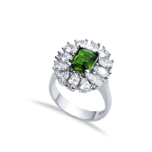 Rectangle <b>Emerald</b> CZ Stone Cluster <b>Ring</b> Turkish Handmade Wholesale 925 Sterling <b>Silver</b> Jewelry - Product Image 1
