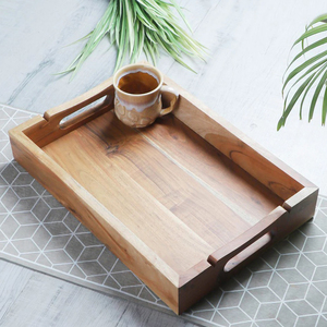 Bandeja de servicio de madera Natural antigua, precio al por mayor, tamaño personalizado, mango de Metal, bandeja de madera para servir café para restaurantes - Product Image 3