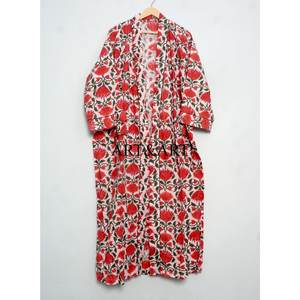Beautiful Luxury Breathable Hand Block Printed Cotton Long Kimono Belt Drawstring Closure Night Sleepwear Robe <b>Women</b> Clothing - Product Image 1