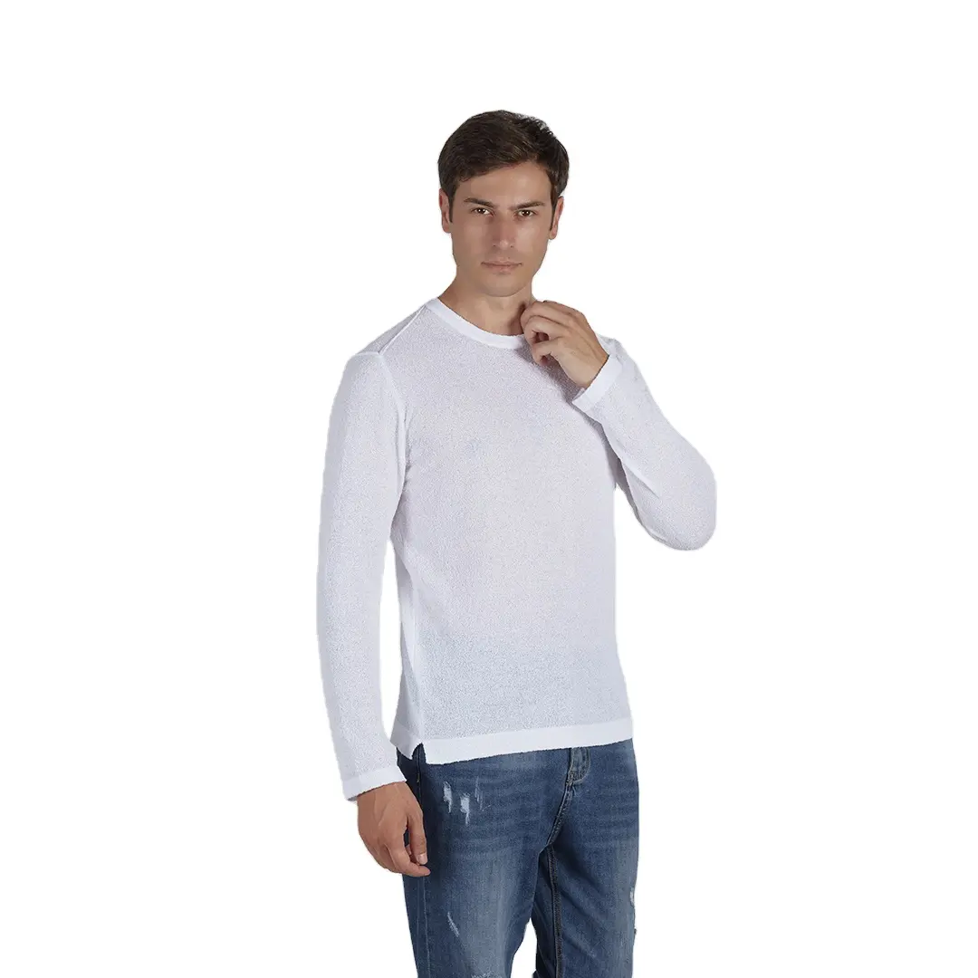 Top quality Italy manufacturers crewneck cotton polyamide white sweater for men long sleeve