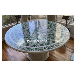 Beautiful White Marble & Lapis Lazuli Flower Design Dining <b>Table</b> <b>Top</b> Round Shape Used For Home <b>Decoration</b> Manufacturing In Bulk - Product Image 5