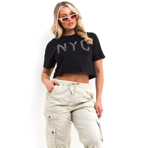 Camisetas recortadas de algodón de manga corta con diseño estampado de diamantes de imitación lisos personalizados de talla grande de marca personalizada a la moda para mujer - Product Image 1