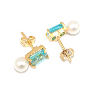 Pendientes de Botón de Diseño Único con Topacio Azul Suizo y Perla de Agua Dulce, Forma Rectangular, Chapados en Oro de 24k, Ligeros, de Latón, al por Mayor - Product Image 2