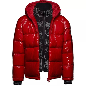 Veste matelassée rouge à effet brillant pour homme, streetwear, veste à bulles isolée, effet mouillé, capuche, veste d'hiver pour homme, vente en gros - Product Image 1