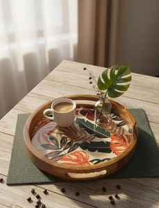 Plateau de service rond en bois de luxe, best-seller, avec poignées découpées, pour table basse, décoration intérieure, nourriture, boissons, ottoman, plateau géométrique - Product Image 2