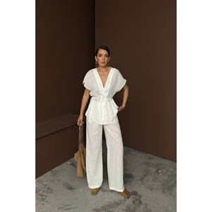 Conjunto de Blusa y Pantalones de Lino para Mujer, Cuello en V, Cintura con Lazo, Color Blanco - Product Image 4