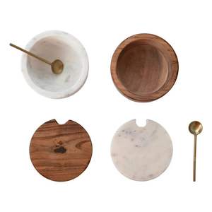Ensemble de 2 plats à sucre de luxe en bois et en marbre de qualité supérieure à la mode outil d'ustensiles de récipient à sucre moderne rond - Product Image 4