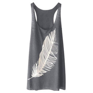 Women's Gray <b>Feather</b> Print Tank <b>Top</b> Scoop Neck Casual Sleeveless Knitted 100% Cotton Breathable Front Logo Design OEM Service - Product Image 1