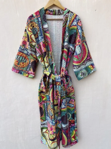 Kantha Quilt Veste en coton Robe Kimono Beach Wear Peignoir de bain en coton Robe de chambre Point de main Robe Kantha, Hand Block Imprimé - Product Image 5