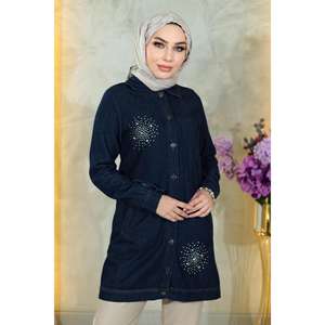 Blusa Casual de Satén y Mezclilla con Cuello Redondo y Manga Casquillo, Logotipo Personalizado, Talla XL, Transpirable, Larga, con Detalle de Piedras y Lazo Frontal con Botones, para Verano - Product Image 6