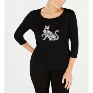 T-Shirt da Donna Karen Scott con Grafica Gatto, in Jersey di Cotone Traspirante, Abbigliamento Estivo, con Paillettes, Vestibilità Aderente, Taglie S-XL, Nero - Product Image 4