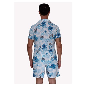 Relaxed Fit Summer Shirt and Shorts Set for Men White and Blue Leaf Patterned Short Sleeve & Loose Collar - Product Image 4