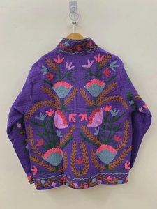 Veste Suzani brodée florale violette 100% coton Manteau d'été avec techniques de tricot imprimées Style court - Product Image 2