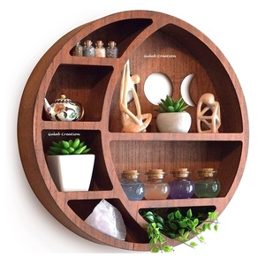 Handcrafted Full Moon Crescent <b>Wall</b> <b>Shelf</b> in Mango Wood Boho Style Celestial Display Rack for Crystals, Decor, and Home Styling - Product Image 1