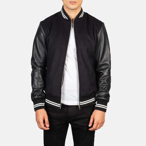 Men's Women's Black <b>Sheepskin</b> Leather Hybrid Varsity <b>Jacket</b> Water Proof XS Size Streetwear Style Hooded Collar Pattern - Product Image 1