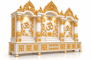 Large Traditional Bollywood Style Wooden Pooja Temple Marble Look Hand Carved Wooden <b>Mandir</b> Large White & Gold Om Hindu <b>Mandir</b> - Product Image 3