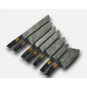 Burraq Professional Custom Handmade Damascus Steel Modern Kitchen Set 7 PCS Chef <b>Wood</b> <b>Handle</b> Ambidextrous Carbon Steel - Product Image 4