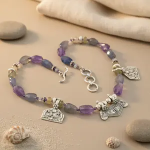 Collar de Cuentas de Cristal, Cuentas de Piedras Preciosas Moradas y Grises para Mujer - Product Image 2