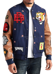 New Design Custom Embroidery <b>Patches</b> Plus Size Brown Color Leather Sleeves Men Varsity <b>Jacket</b> - Product Image 3