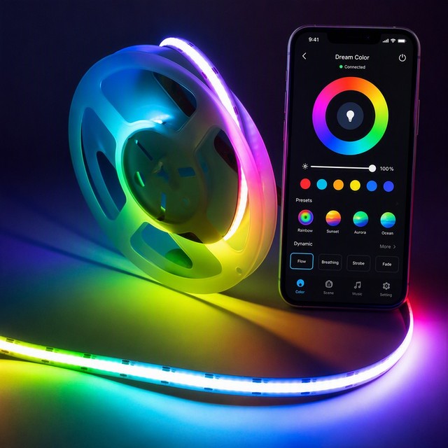 Dream Color RGBIC COB LED Strip Ra90+ Addressable Smart WiFi App Control 576 LEDs/m Dotless Digital Tape for Room Gaming DIY