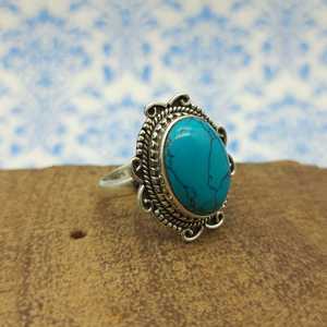 Anillo bohemio de Plata de Ley 925 para mujer, howlita turquesa, corte ovalado, diamante, patrón de ojos bohemios, joyería para bodas - Product Image 1