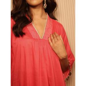 Ensemble Kaftan Bohème Rose Vif en Chiffon Respirant à Col en V pour Printemps/Été avec Hauts à Manches Trois-Quarts - Product Image 1