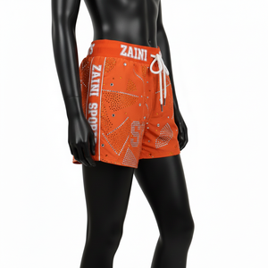 Pantalones Cortos de Natación de Lujo de Nailon 180GSM con Pedrería Naranja Hotfix, Cintura Jacquard Personalizada y Paneles Laterales con Rayas - Product Image 3