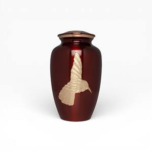Urna Funeraria Color Rojo Borgoña Intenso con Motivo de Pájaro Volador Dorado, Acabado Brillante y Elegante Estilo Conmemorativo - Product Image 1