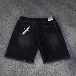 กางเกงยีนส์ขาสั้นทรงหลวมสำหรับผู้ชายกางเกงวินเทจปักลายสีพื้นสไตล์ฮิปฮอปลำลอง - Product Image 3