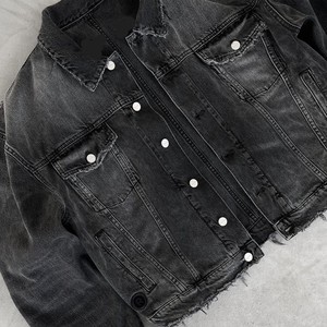 Chaqueta vaquera holgada de gran tamaño lisa con dobladillo deshilachado lavado vintage unisex personalizada OEM chaqueta vaquera recortada personalizada unisex - Product Image 4