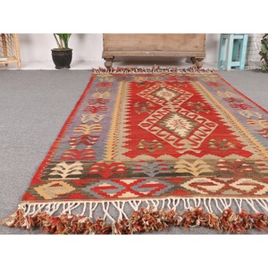 Vintage Turkish Rug, Area 3.9x7.2 ft (119x219 cm) Rug, <b>Red</b> Patchwork <b>Wool</b> Rug - Product Image 5