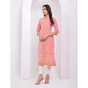 Kurti Rosa de Algodón con Estampado de Bloques, Vestido Indio de Estilo Pakistaní, Incluye Lehenga Choli Salwar Saree, Todo Cosido, Listo para Usar - Product Image 3