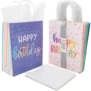 Sacola de papel colorida para crianças, sacola de papel kraft para presente, impressão digital simples, sacola de papel para presente, sacola de mão, offset, feliz aniversário