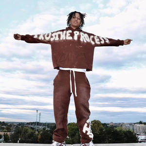 Conjunto de chándal sólido con capucha lavado ácido de dos piezas de gran tamaño Unisex personalizado 100% algodón logotipo bordado Diseño Vintage otoño - Product Image 4